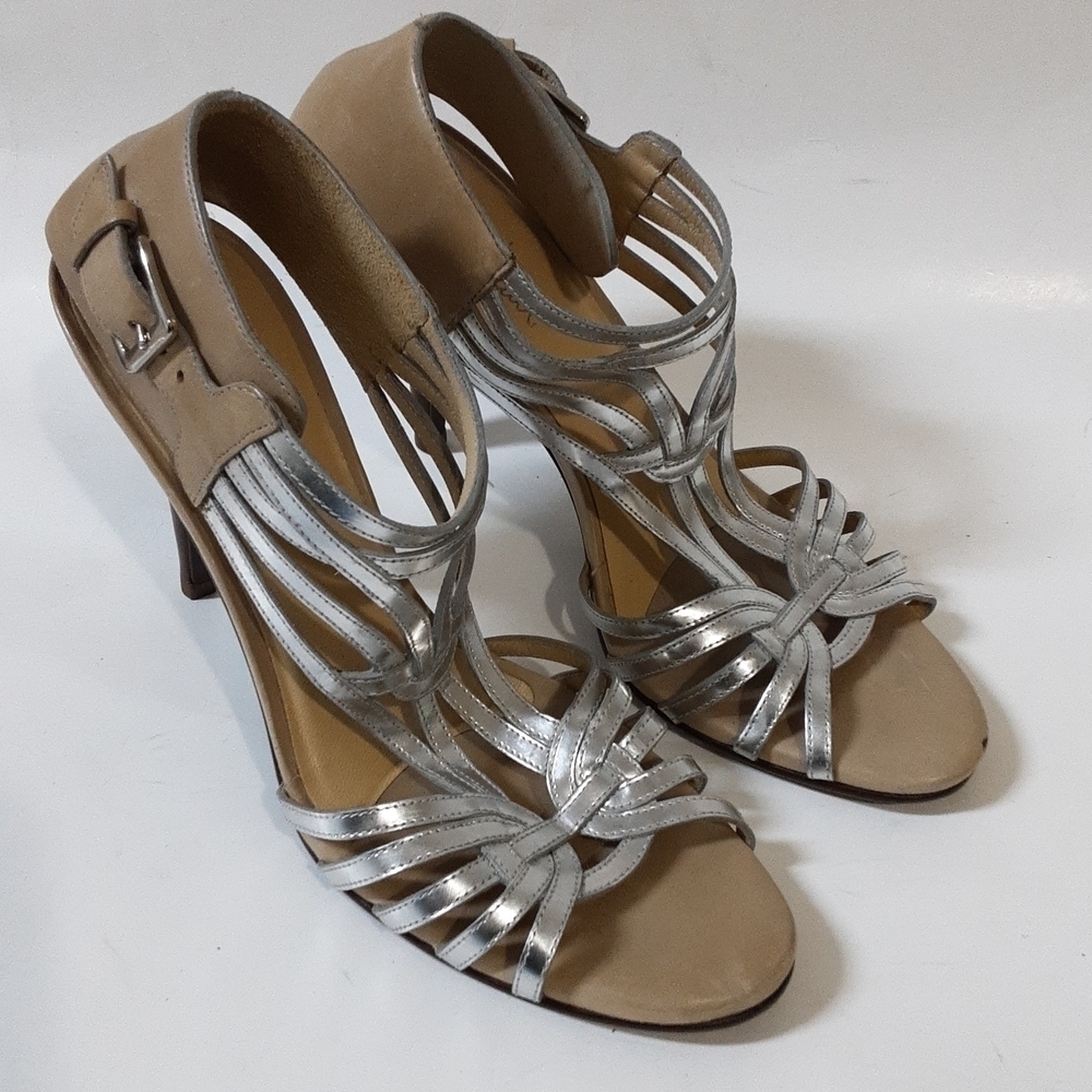 Cole Hann women heeled leather sandals pump 9B event luxury wedding tan silver